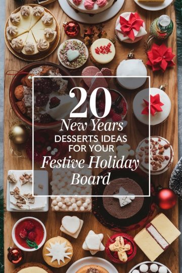 A festive holiday dessert board featuring an assortment of New Year’s treats, including mini cheesecakes, frosted sugar cookies, chocolate truffles, layered cakes, and vibrant raspberry desserts. Decorated with holiday ornaments and greenery, this dessert spread offers creative ideas for celebrations with a mix of textures, colors, and flavors to delight guests.