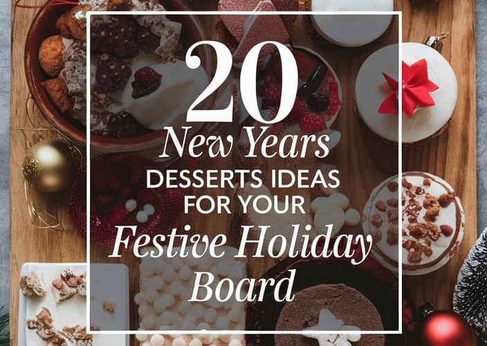 A festive holiday dessert board featuring an assortment of New Year’s treats, including mini cheesecakes, frosted sugar cookies, chocolate truffles, layered cakes, and vibrant raspberry desserts. Decorated with holiday ornaments and greenery, this dessert spread offers creative ideas for celebrations with a mix of textures, colors, and flavors to delight guests.