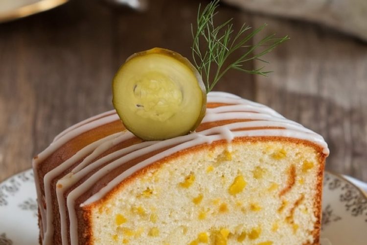 A close-up of a single slice of pickle pound cake served on a floral plate. The cake features visible chunks of pickles, a smooth icing drizzle, and a garnish of a single pickle slice and dill sprig, all placed on a rustic wooden table.