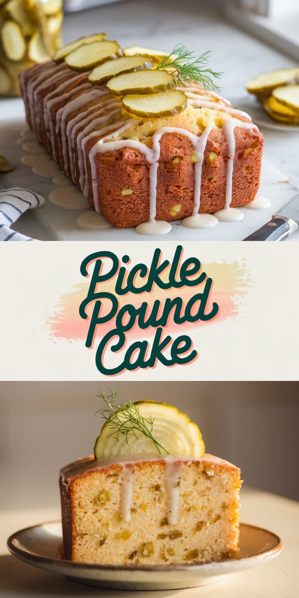 A loaf of pickle pound cake topped with slices of pickles and drizzled with white icing, placed on a marble surface. A sprig of dill adds a decorative touch, with jars of pickles in the background.