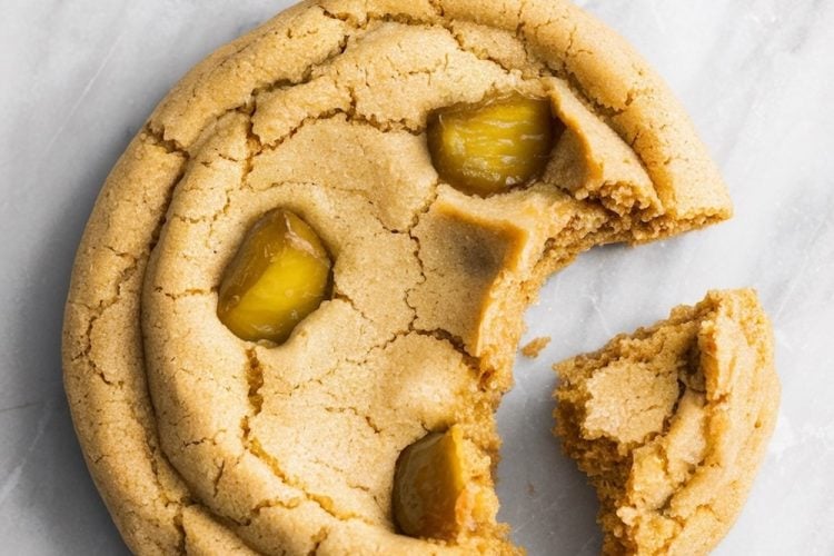 Overhead shot of multiple dill pickle cookies laid on a white marble surface, surrounded by flaky sea salt and a jar of pickles on a wooden board, highlighting the cookies’ golden texture and quirky garnish.