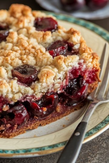 A single image of a slice of sour cherry dump cake on a decorative plate, emphasizing the juicy cherries and golden crust. A fork is placed beside the dessert.
