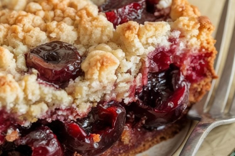 A single image of a slice of sour cherry dump cake on a decorative plate, emphasizing the juicy cherries and golden crust. A fork is placed beside the dessert.