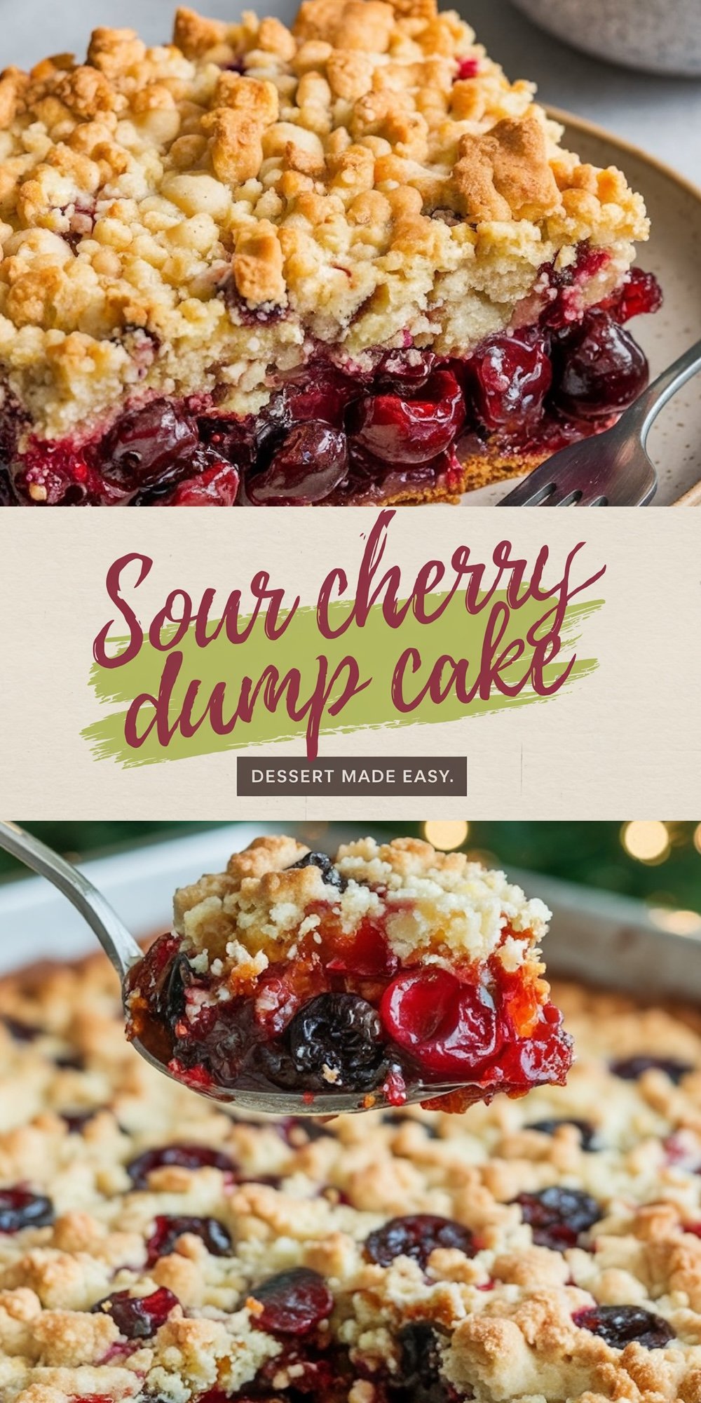 A collage featuring a slice of sour cherry dump cake with a crumbly golden topping and glossy red cherry filling on a beige plate, paired with a spoon holding a portion of the dessert. Text overlay reads "Sour Cherry Dump Cake - Dessert Made Easy."