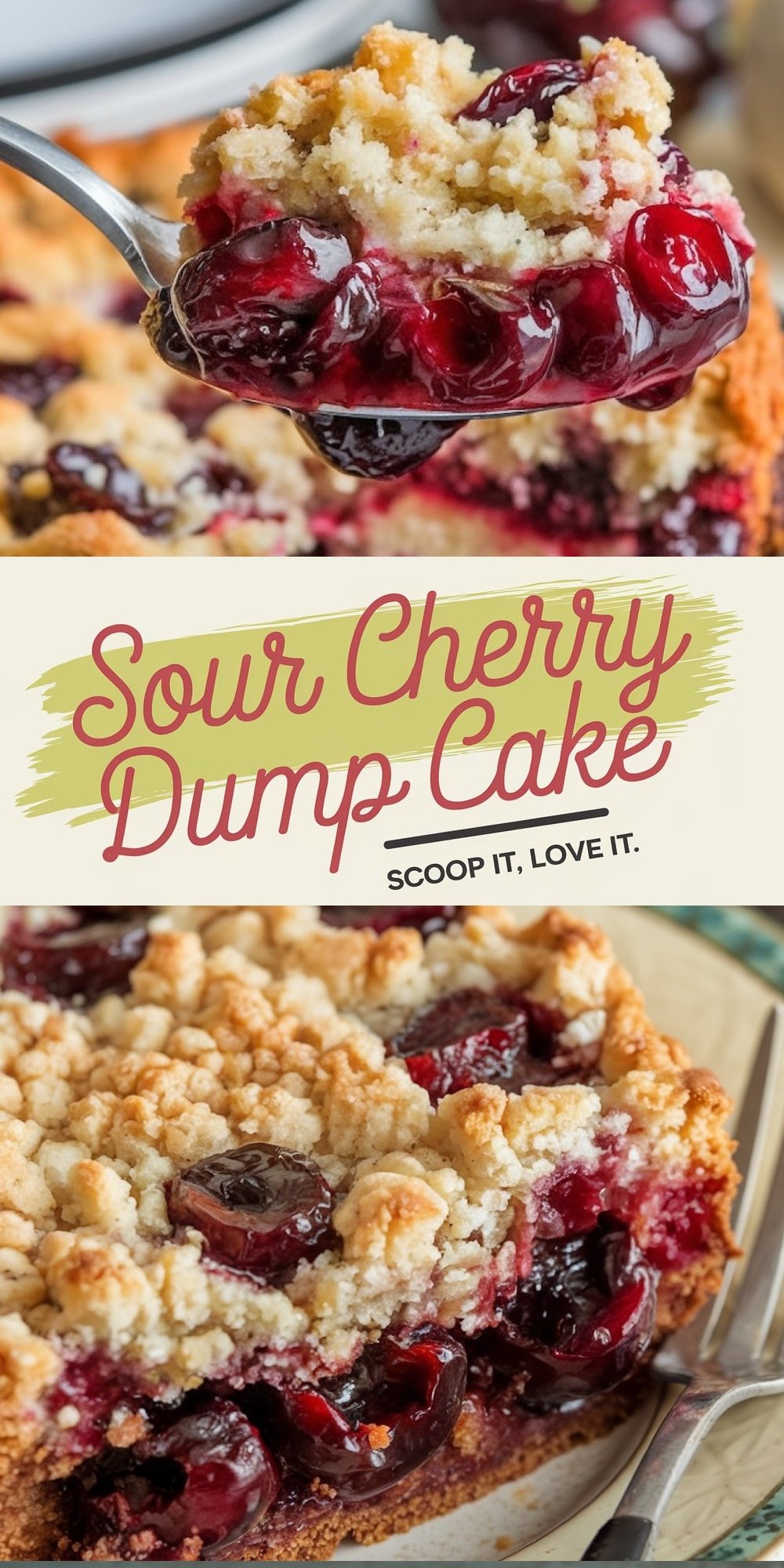 A collage showcasing a spoonful of sour cherry dump cake highlighting juicy cherries and buttery crumble, alongside a full slice with visible cherry layers and golden topping. Text overlay reads "Sour Cherry Dump Cake - Scoop It, Love It."