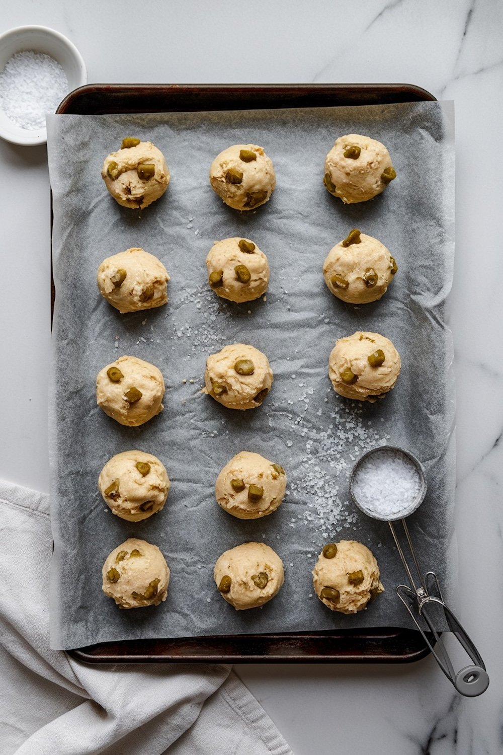 Baking tray with unbaked pickle cookie dough balls arranged on parchment paper, each dough ball studded with visible pickle pieces, accompanied by a measuring scoop and flaky sea salt for garnish.