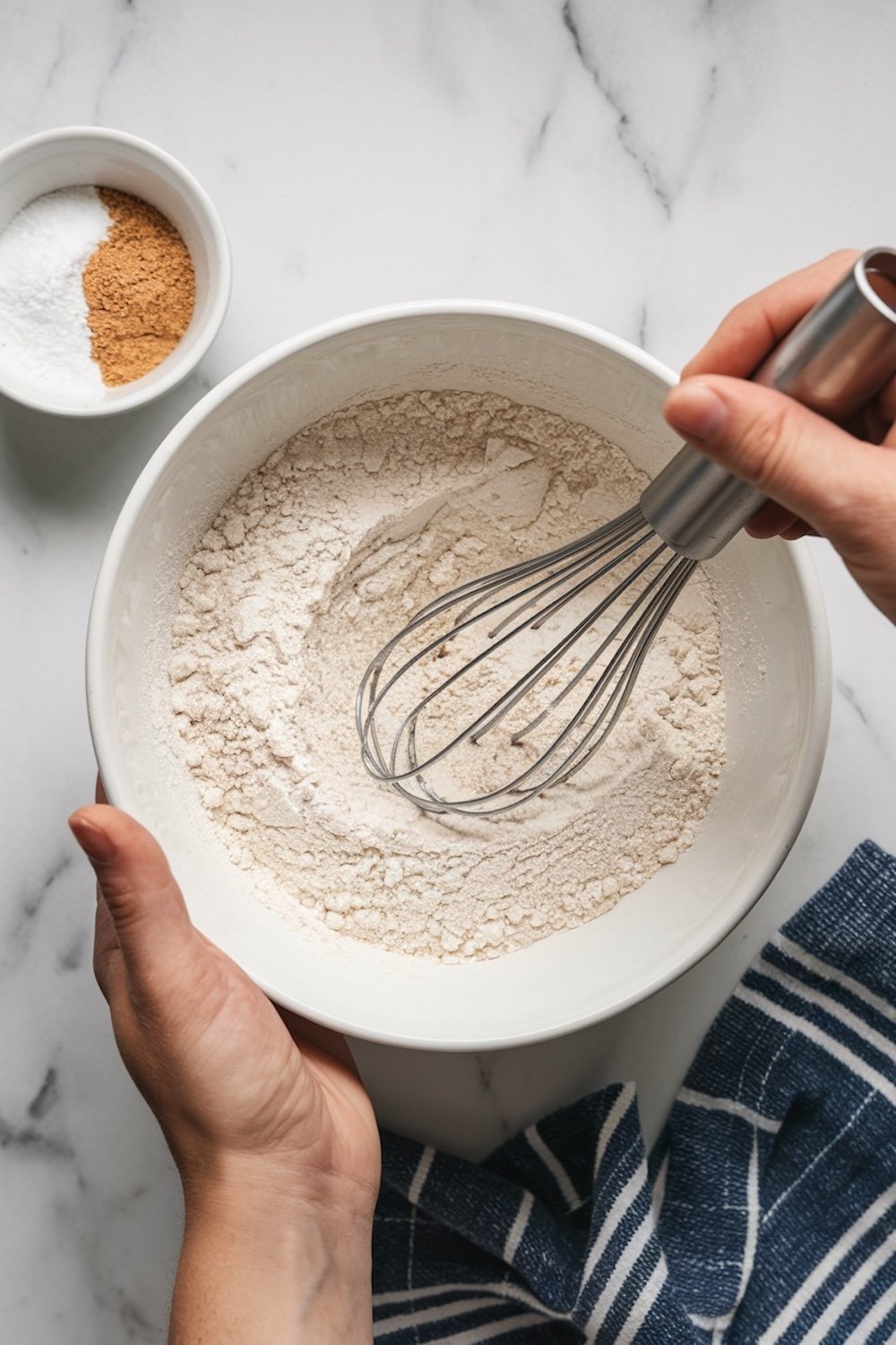 Emma whisking together dry ingredients in a white bowl, preparing the dough for pickle cookies, with salt and brown sugar in small bowls nearby on a white marble surface.