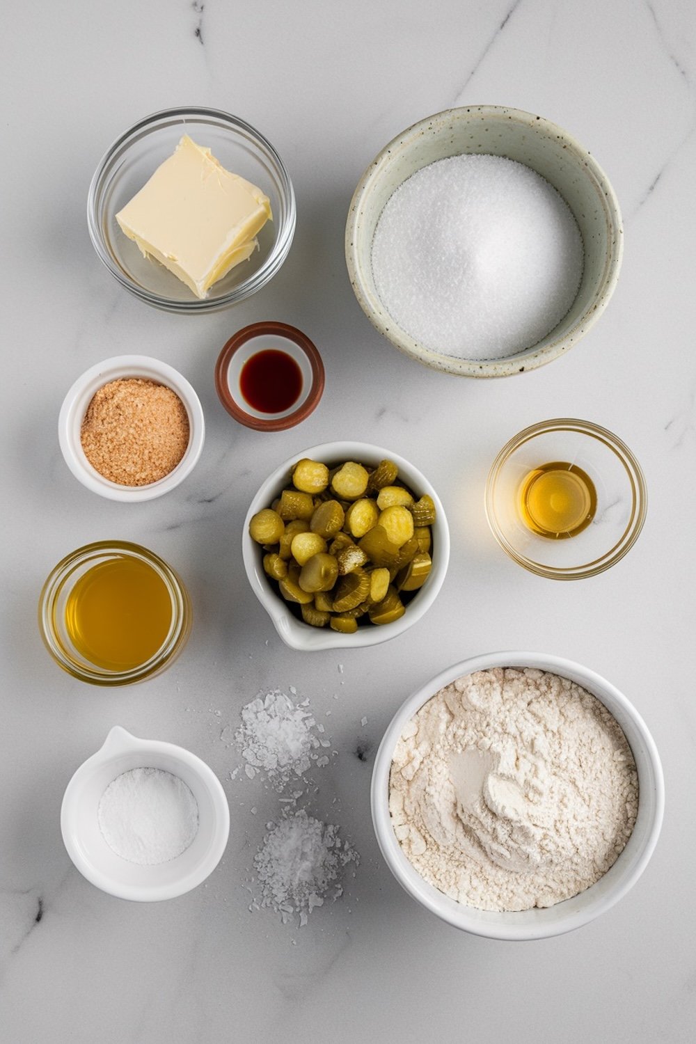 Flat lay of ingredients for pickle cookies on a white marble surface, including butter, sugar, vanilla extract, flour, sliced pickles, and baking powder, arranged neatly in bowls for preparation.