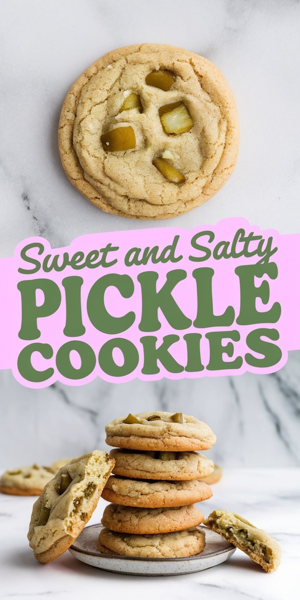 A stack of sweet and salty pickle cookies on a plate, featuring golden brown cookies with pickle chunks, accompanied by a partially bitten cookie to showcase the soft, chewy interior.