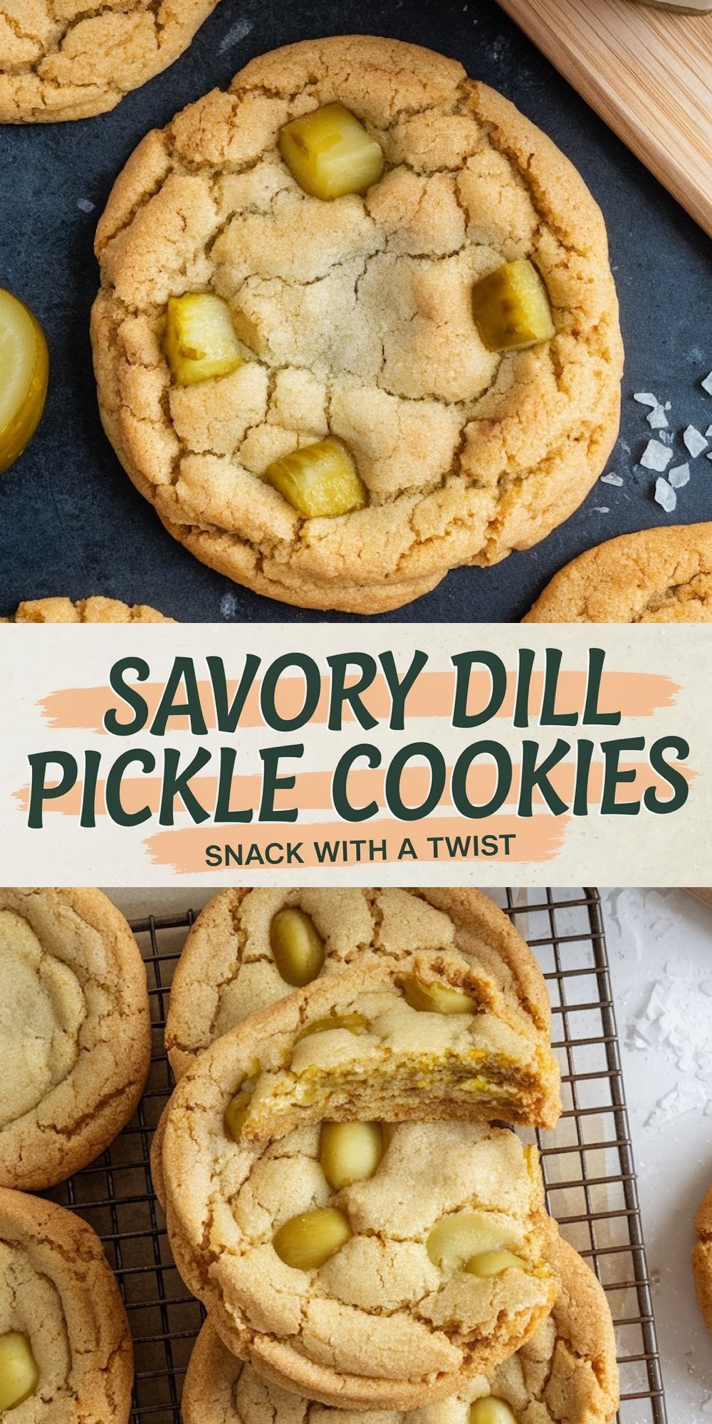 Collage of savory dill pickle cookies: the top image shows a close-up of a single cookie with vibrant pickle pieces and a soft texture, while the bottom image highlights cookies stacked on a cooling rack, with one cookie revealing its interior.