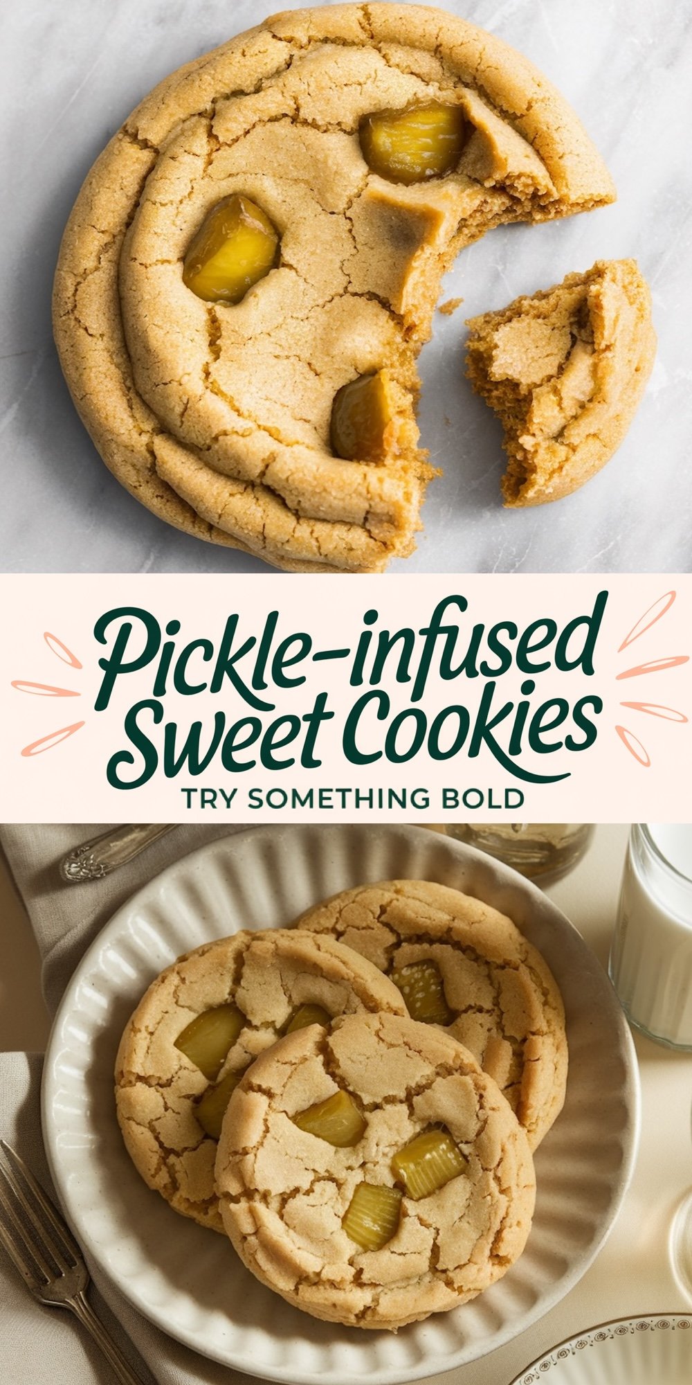Collage of pickle-infused cookies: the top image features a single cookie with golden brown cracks and embedded pickle pieces, partially bitten, while the bottom image displays three cookies arranged on a plate, showcasing their unique appearance.