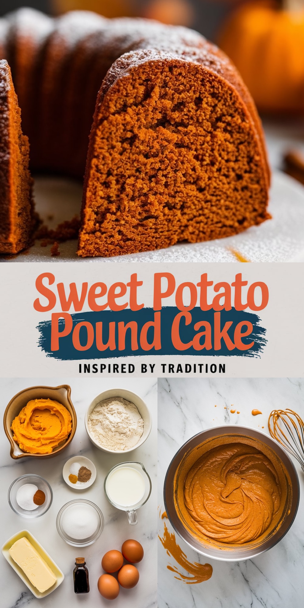 A collage showcasing a sweet potato pound cake. The top image highlights a bundt cake sliced to reveal its soft and fluffy texture, lightly dusted with powdered sugar and served on a vintage floral plate. The bottom image focuses on a close-up of a single slice on a plate, emphasizing the vibrant orange color and moist texture. Text overlay reads “Sweet Potato Pound Cake: Easy Recipe Idea.”