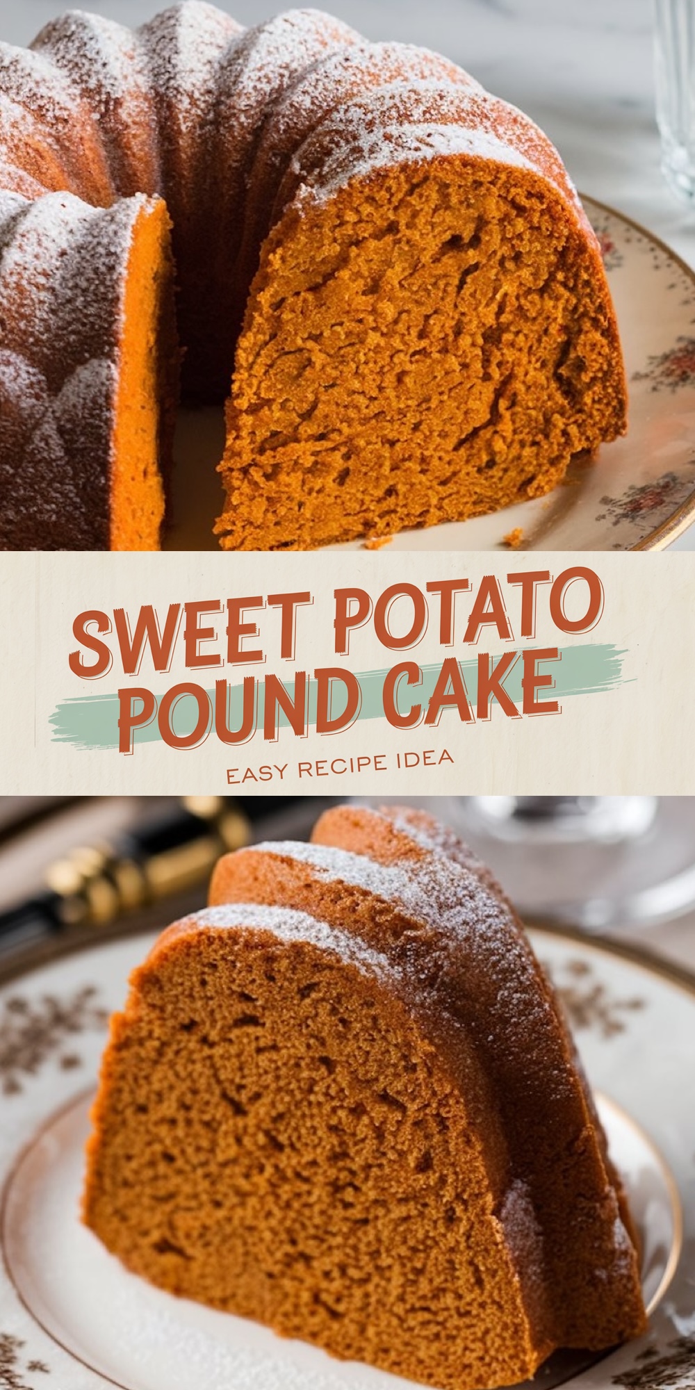 A collage featuring a moist sweet potato pound cake. The top image shows a close-up of a sliced bundt cake with a rich orange hue and powdered sugar dusting, surrounded by blurred pumpkins in the background. Below, there are two sections: one displays the raw ingredients, including mashed sweet potatoes, flour, eggs, butter, milk, and spices arranged on a marble countertop; the other shows a mixing bowl filled with smooth orange batter and a whisk.
