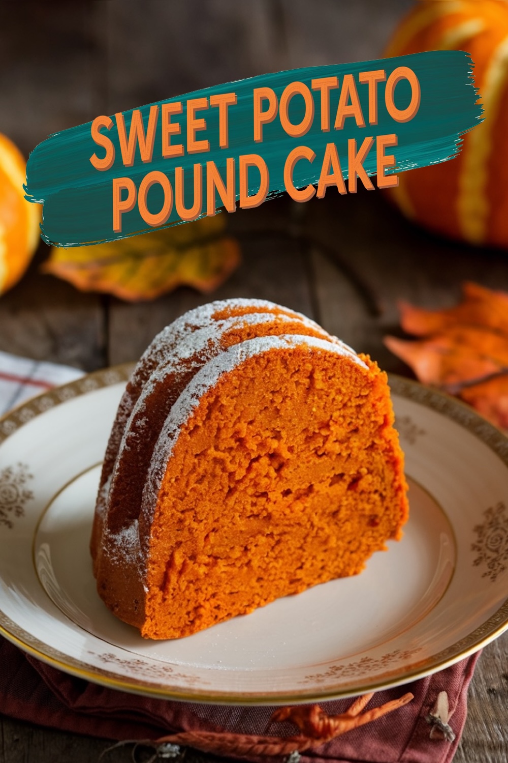 A single image featuring a close-up of a sweet potato pound cake slice on a vintage floral plate. The cake’s bright orange crumb contrasts beautifully with the powdered sugar topping. Rustic autumn decor, including pumpkins and colorful fall leaves, forms the warm background, enhancing the seasonal appeal. The text overlay reads “Sweet Potato Pound Cake.”
