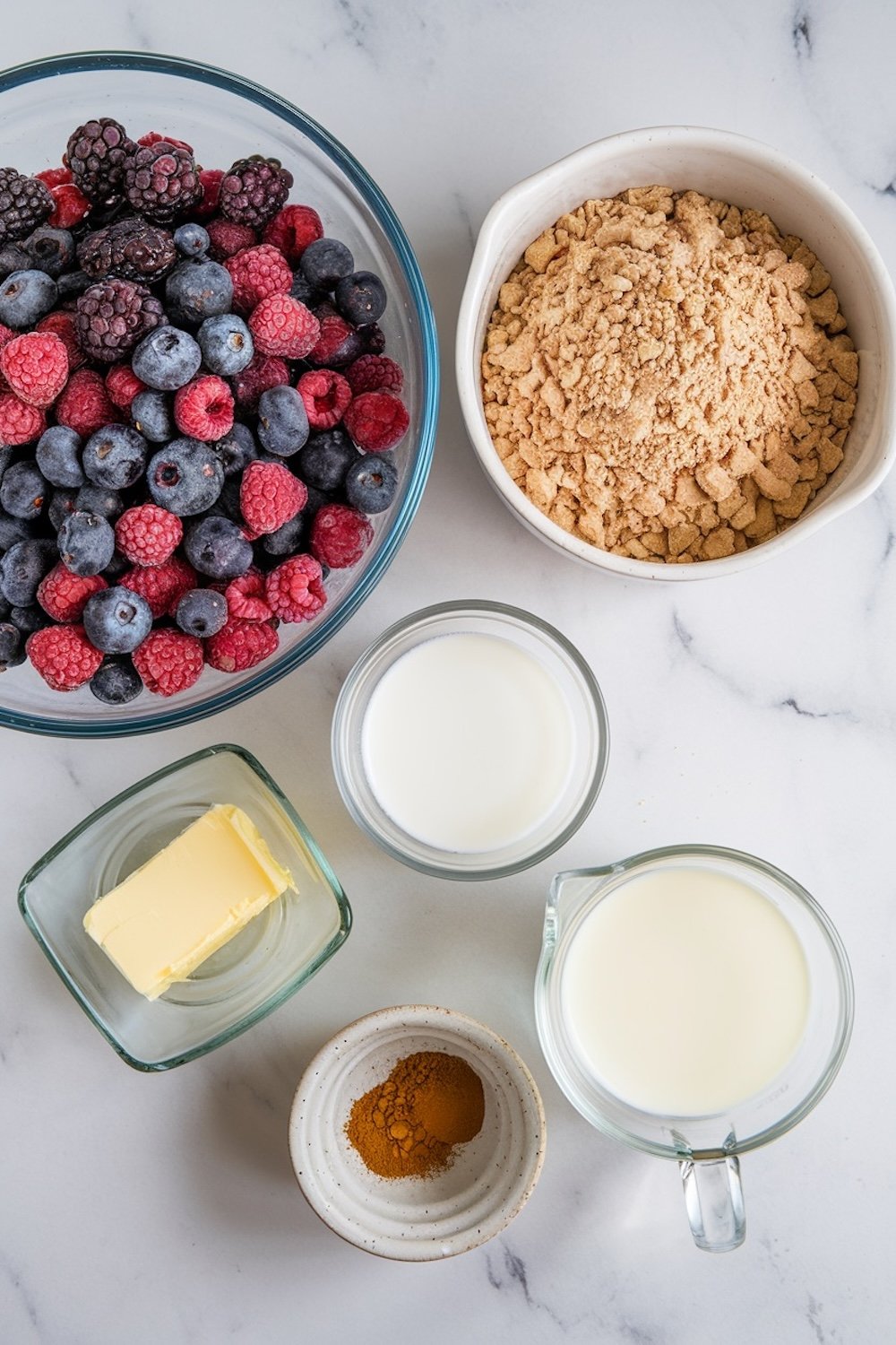 A flat lay of ingredients for making a triple berry dump cake, including a glass bowl of fresh mixed berries, a bowl of crumbled cake mix, a stick of butter, ground cinnamon, and two measuring cups of milk, all arranged on a marble countertop.