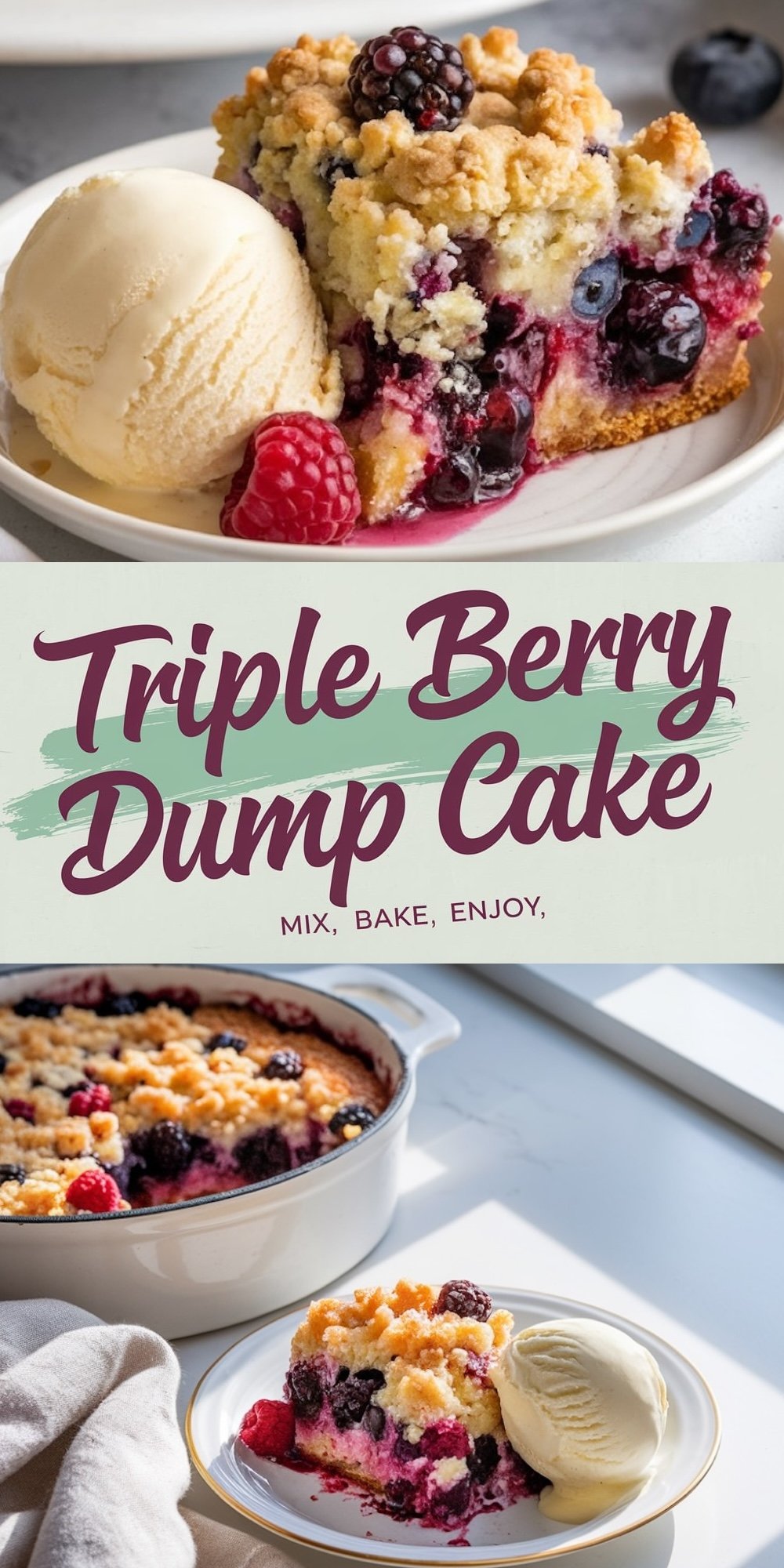 A slice of triple berry dump cake served on a white plate, featuring a golden crumb topping, vibrant mixed berries (blueberries, blackberries, and raspberries), and a scoop of vanilla ice cream on the side. A fresh raspberry is placed as garnish, creating a visually appealing dessert presentation.