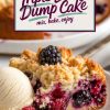 The image shows a baking dish with a triple berry dump cake, baked to golden perfection, surrounded by fresh berries and served on a white plate with vanilla ice cream. Sunlight highlights the texture of the crumb topping and the bright colors of the berries.