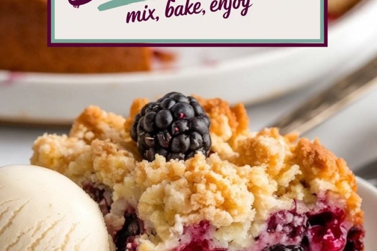 The image shows a baking dish with a triple berry dump cake, baked to golden perfection, surrounded by fresh berries and served on a white plate with vanilla ice cream. Sunlight highlights the texture of the crumb topping and the bright colors of the berries.