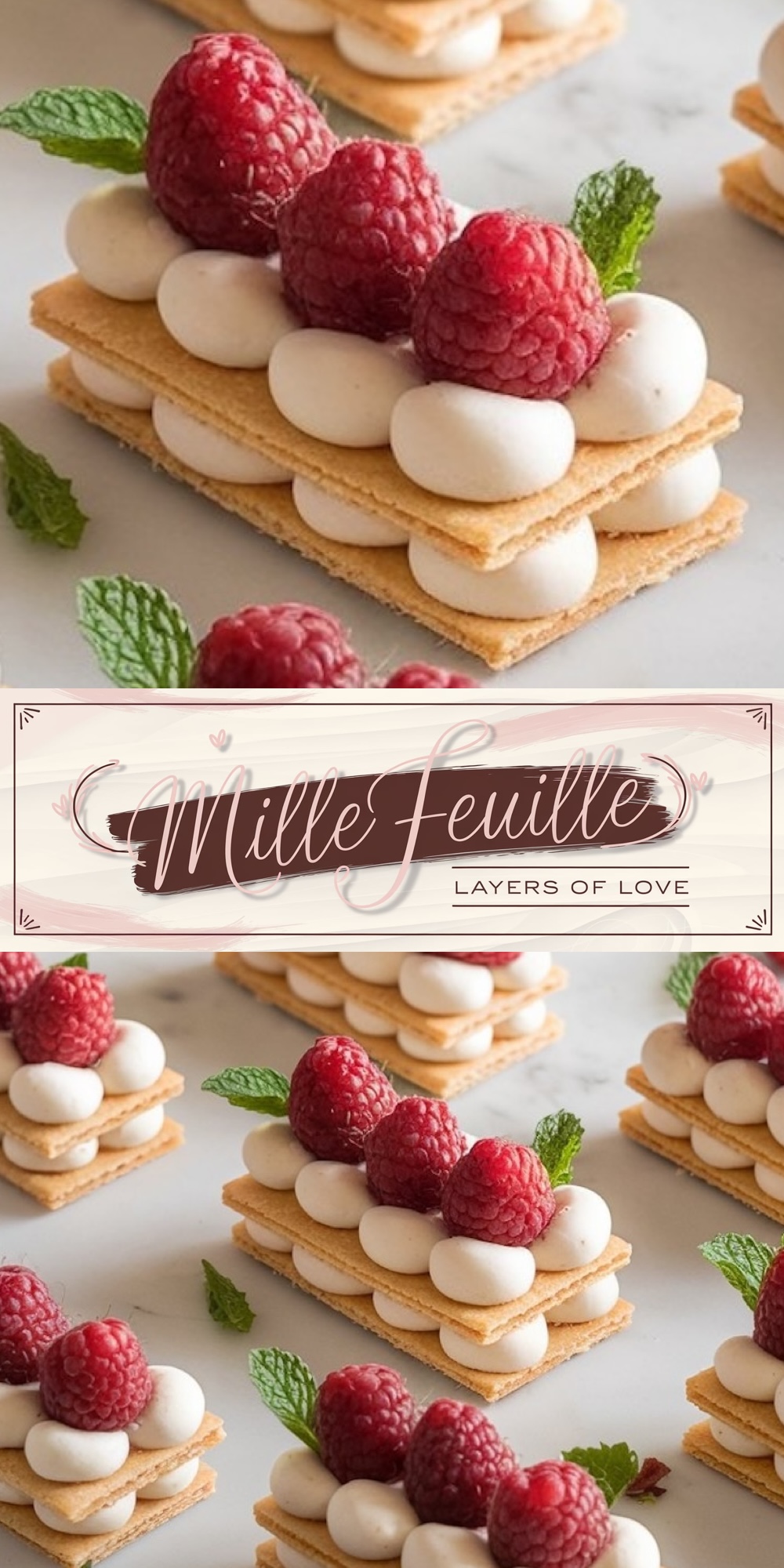 Elegant raspberry mille-feuille featuring crisp pastry layers, dollops of whipped cream, and fresh raspberries garnished with mint leaves. A refined Valentine’s dessert perfect for special occasions.