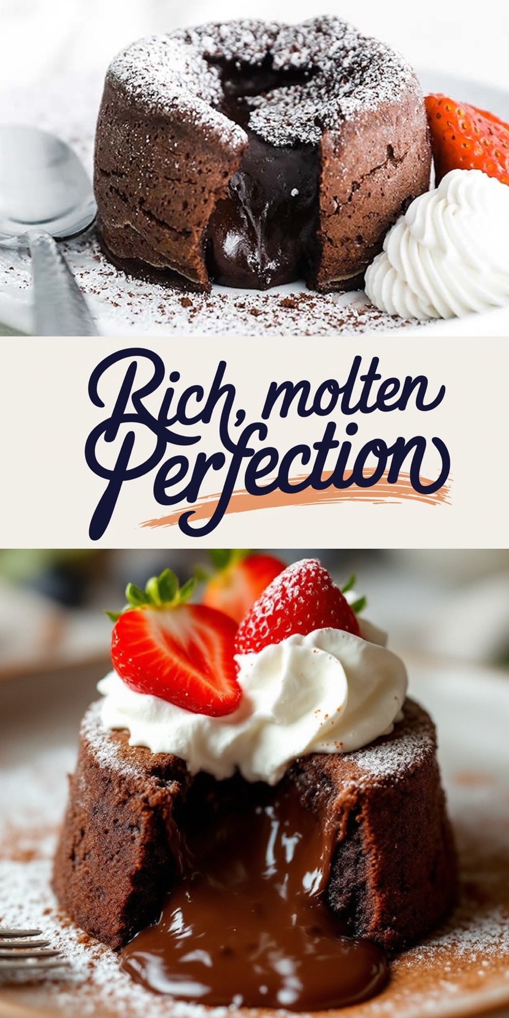 Rich molten chocolate lava cake with a gooey chocolate center, served with whipped cream, fresh strawberries, and a dusting of powdered sugar. A romantic Valentine’s dessert perfect for special evenings.