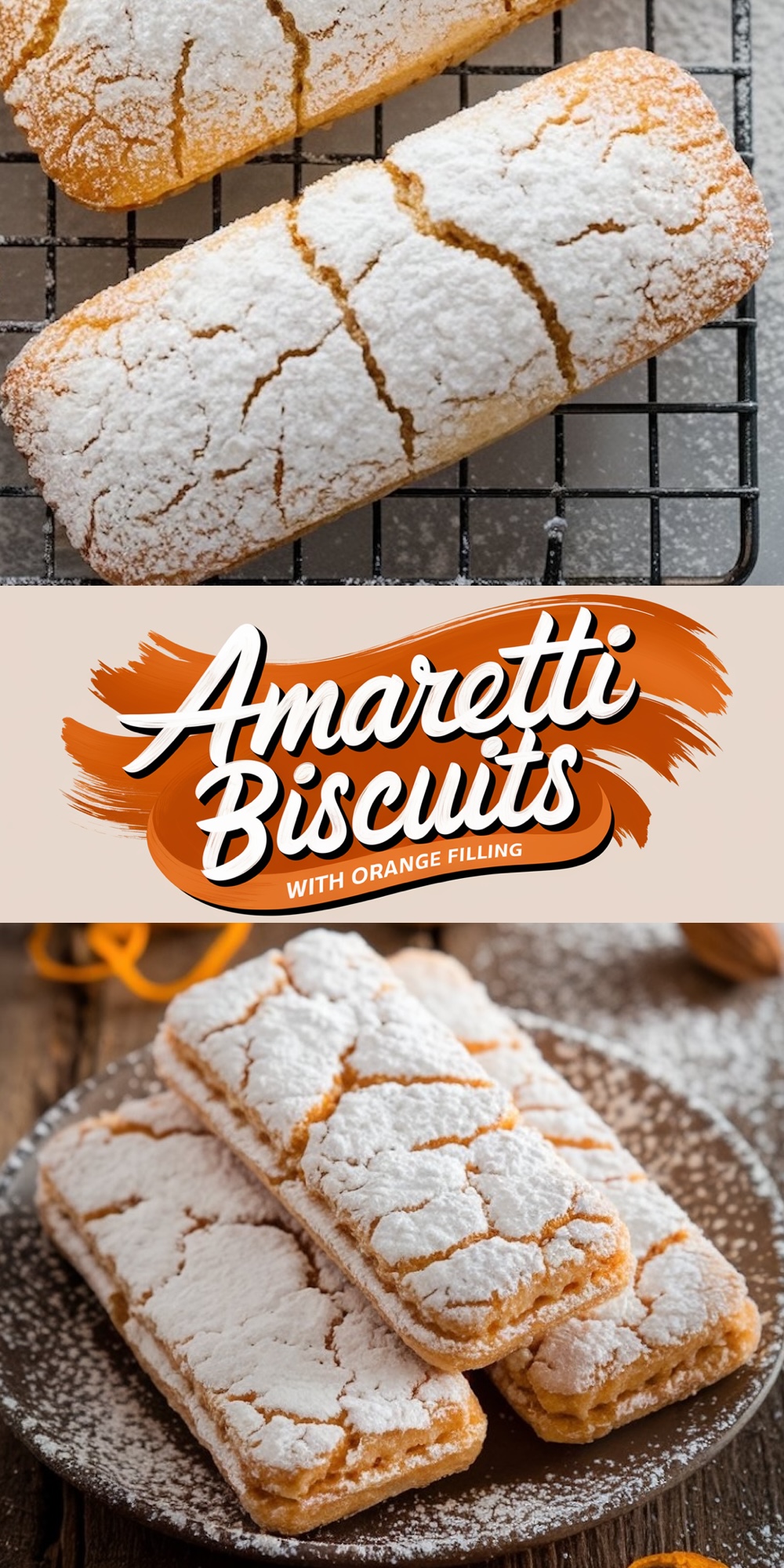 Soft amaretti biscuits with a crackled exterior, dusted with powdered sugar and filled with orange cream. A light and flavorful Valentine’s treat for biscuit enthusiasts.