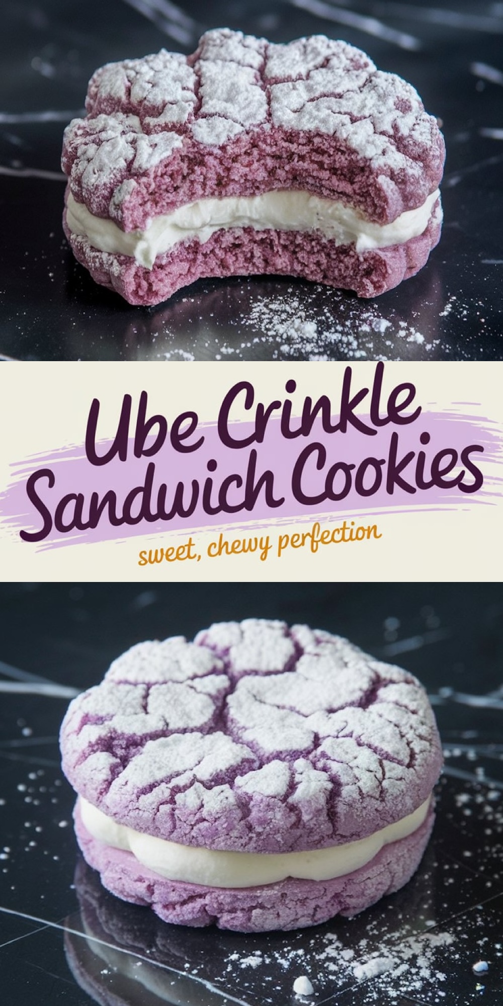 Purple ube crinkle cookies filled with creamy frosting, dusted with powdered sugar, and displayed on a dark marble surface. A unique Valentine’s treat with a vibrant color and chewy texture.