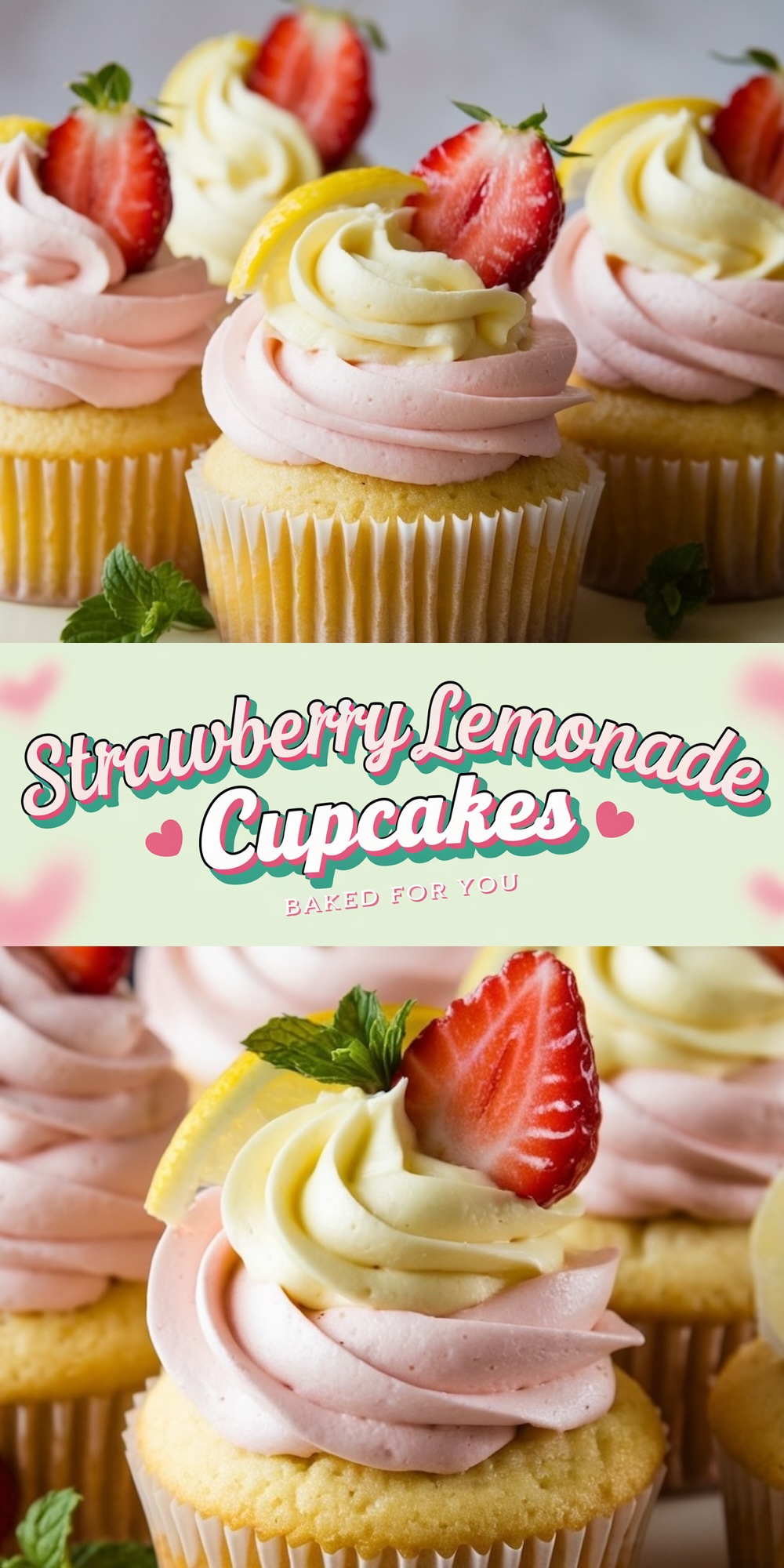 Lemon cupcakes topped with swirls of strawberry and lemon buttercream, garnished with fresh strawberries, lemon slices, and mint leaves. A zesty and sweet Valentine’s Day dessert idea.