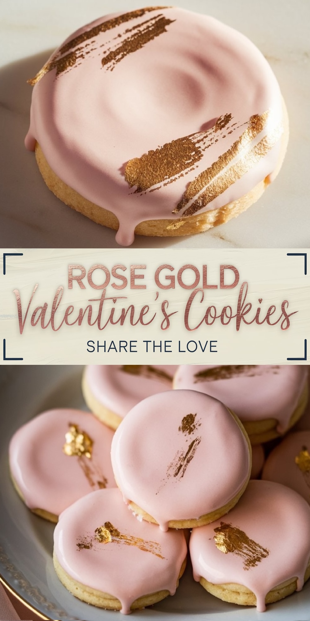 Delicate sugar cookies glazed with pink icing and accented with edible gold leaf. A chic and stylish Valentine’s dessert idea for gifting or parties.