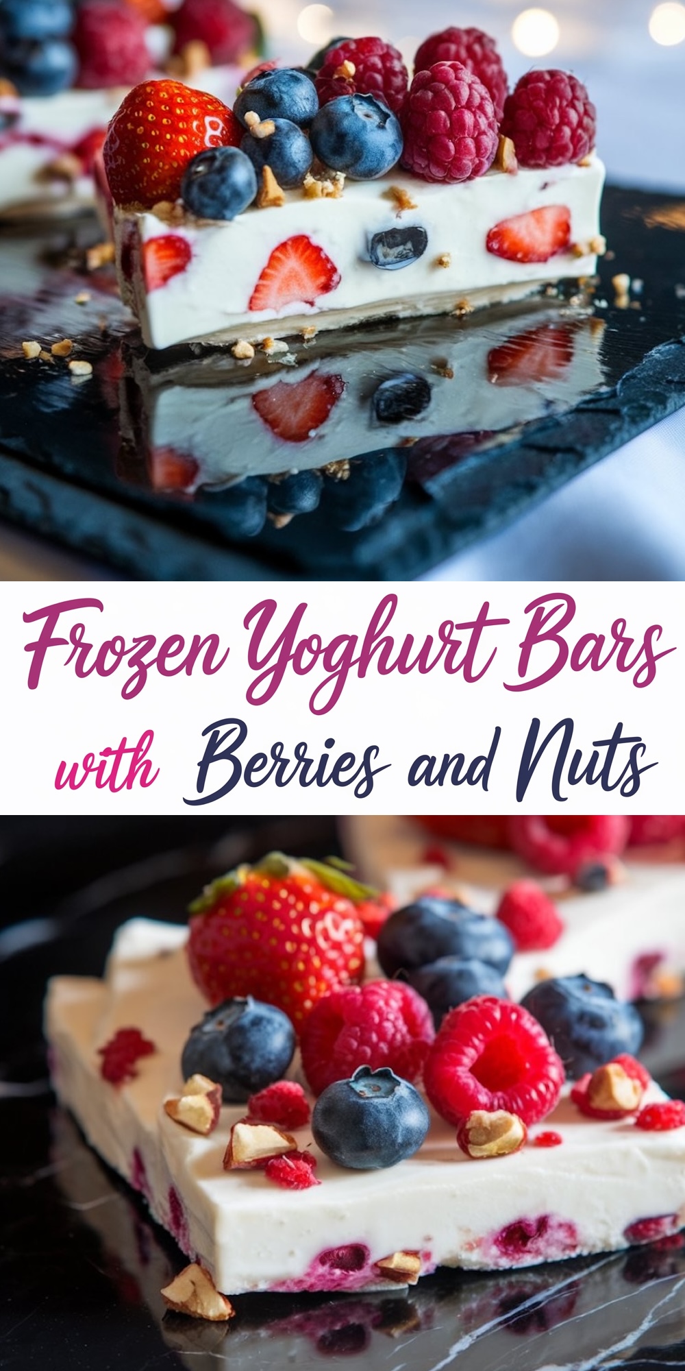 Frozen yogurt bars loaded with strawberries, blueberries, raspberries, and crunchy nuts, served on a glossy black plate. A refreshing Valentine’s Day dessert with a healthy twist.