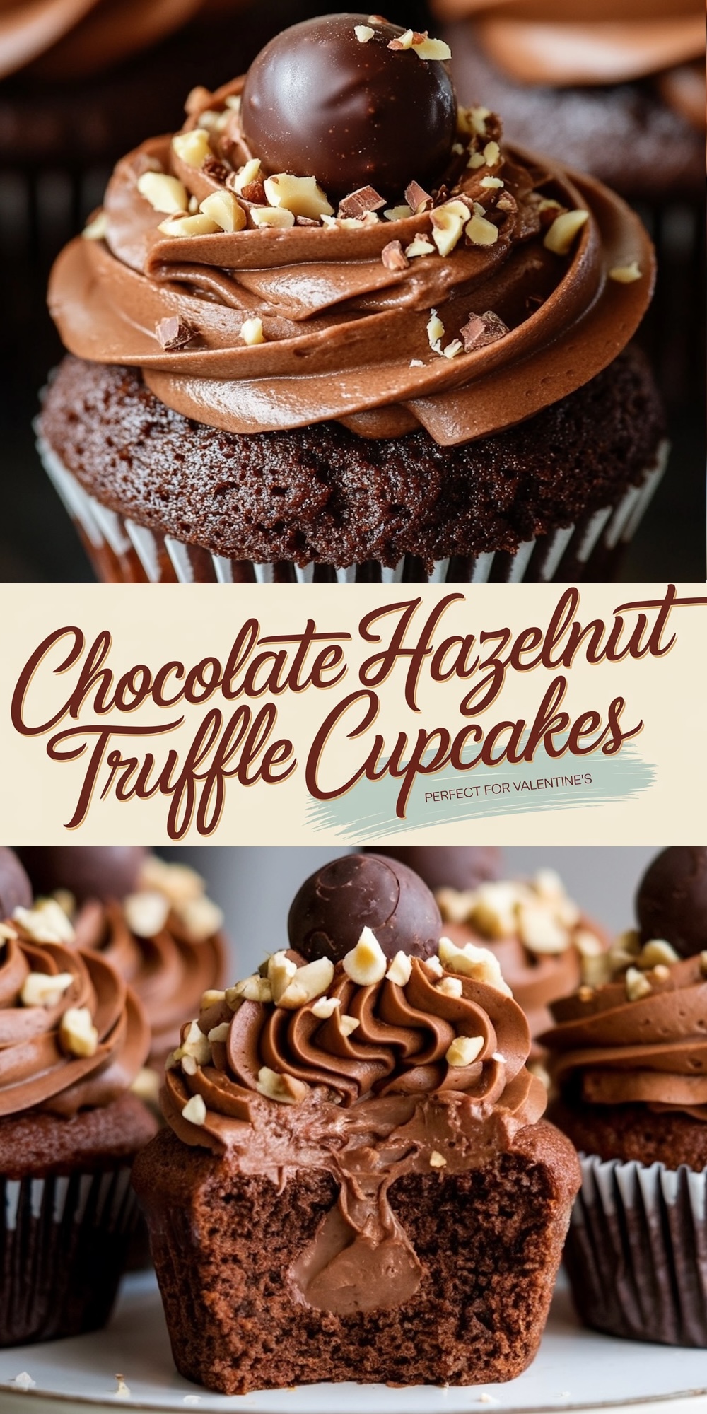 Moist chocolate cupcakes filled with creamy hazelnut truffle, topped with chocolate frosting, chopped hazelnuts, and a chocolate truffle centerpiece. A rich Valentine’s dessert idea for indulgent celebrations.