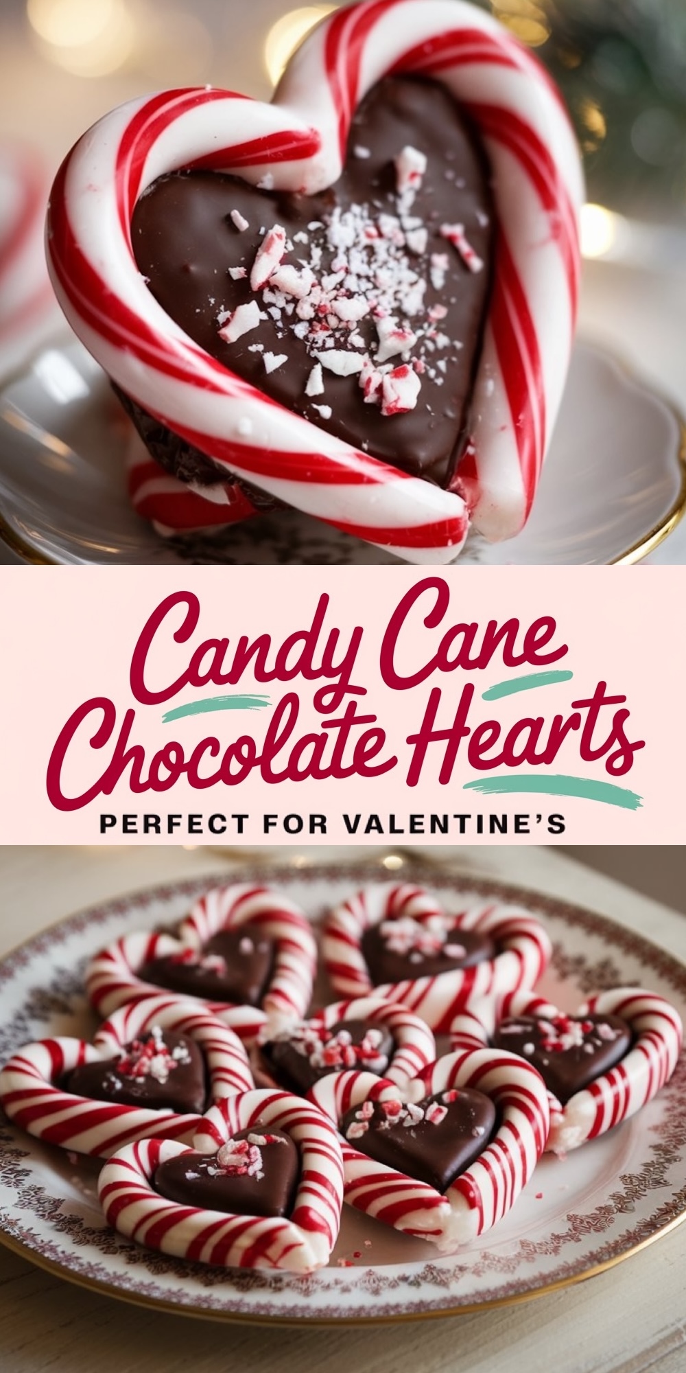 Candy canes shaped into hearts and filled with dark chocolate, sprinkled with crushed peppermint candy. A simple yet festive Valentine’s treat with a peppermint twist.