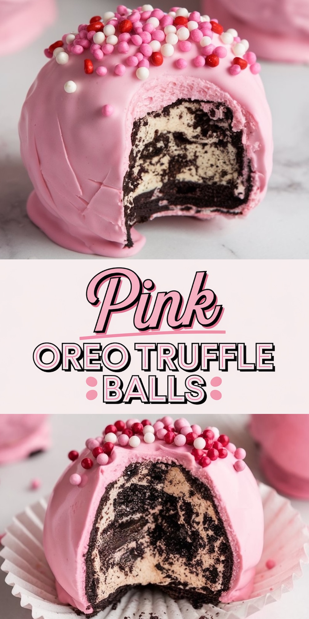 Pink chocolate-coated Oreo truffle balls with a creamy Oreo filling, topped with pink and red sprinkles. A festive and fun Valentine’s treat idea for cookie and chocolate lovers.