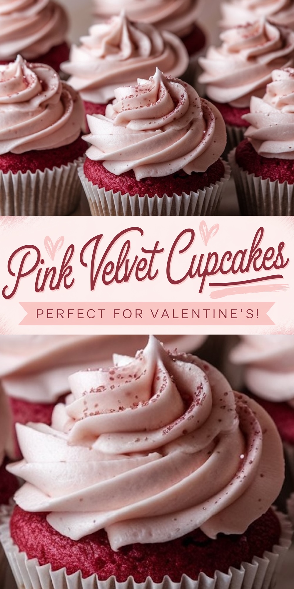 Soft pink velvet cupcakes with fluffy pink buttercream frosting and edible glitter, creating a stunning Valentine’s Day dessert perfect for romantic celebrations.