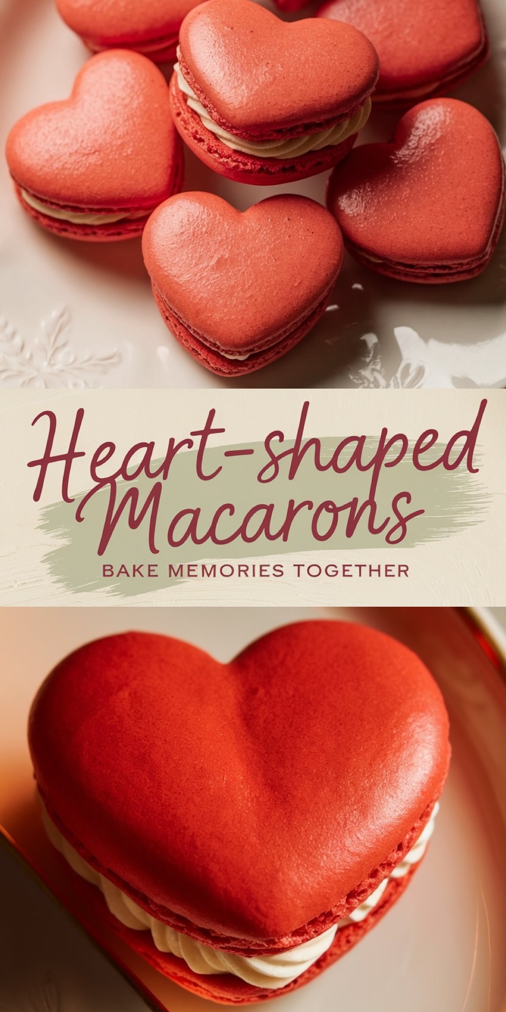 Red heart-shaped macarons filled with fluffy cream, displayed on a white plate. A romantic Valentine’s Day treat perfect for celebrations or gifting. Close-up highlights the smooth macaron shell texture.