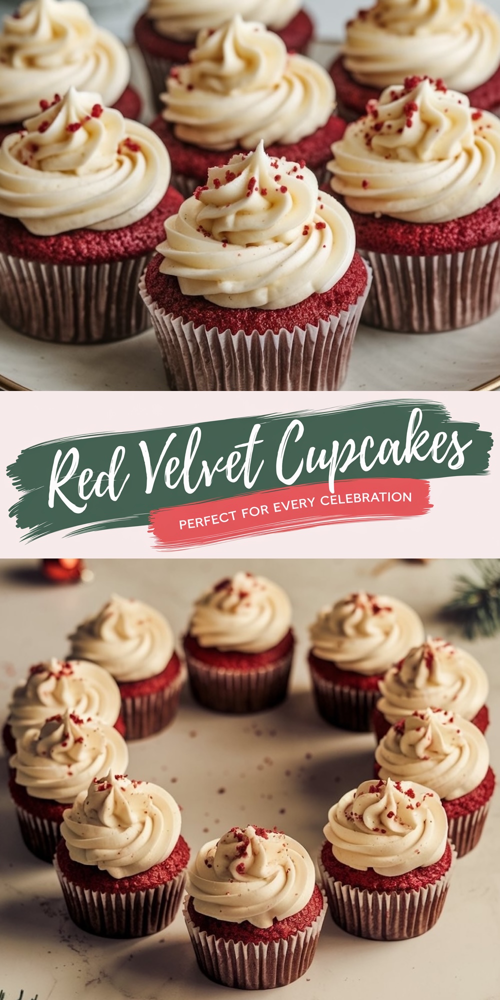Moist red velvet cupcakes topped with swirls of cream cheese frosting and red sprinkles, arranged in a festive circle. A classic Valentine’s dessert idea for gatherings or parties.