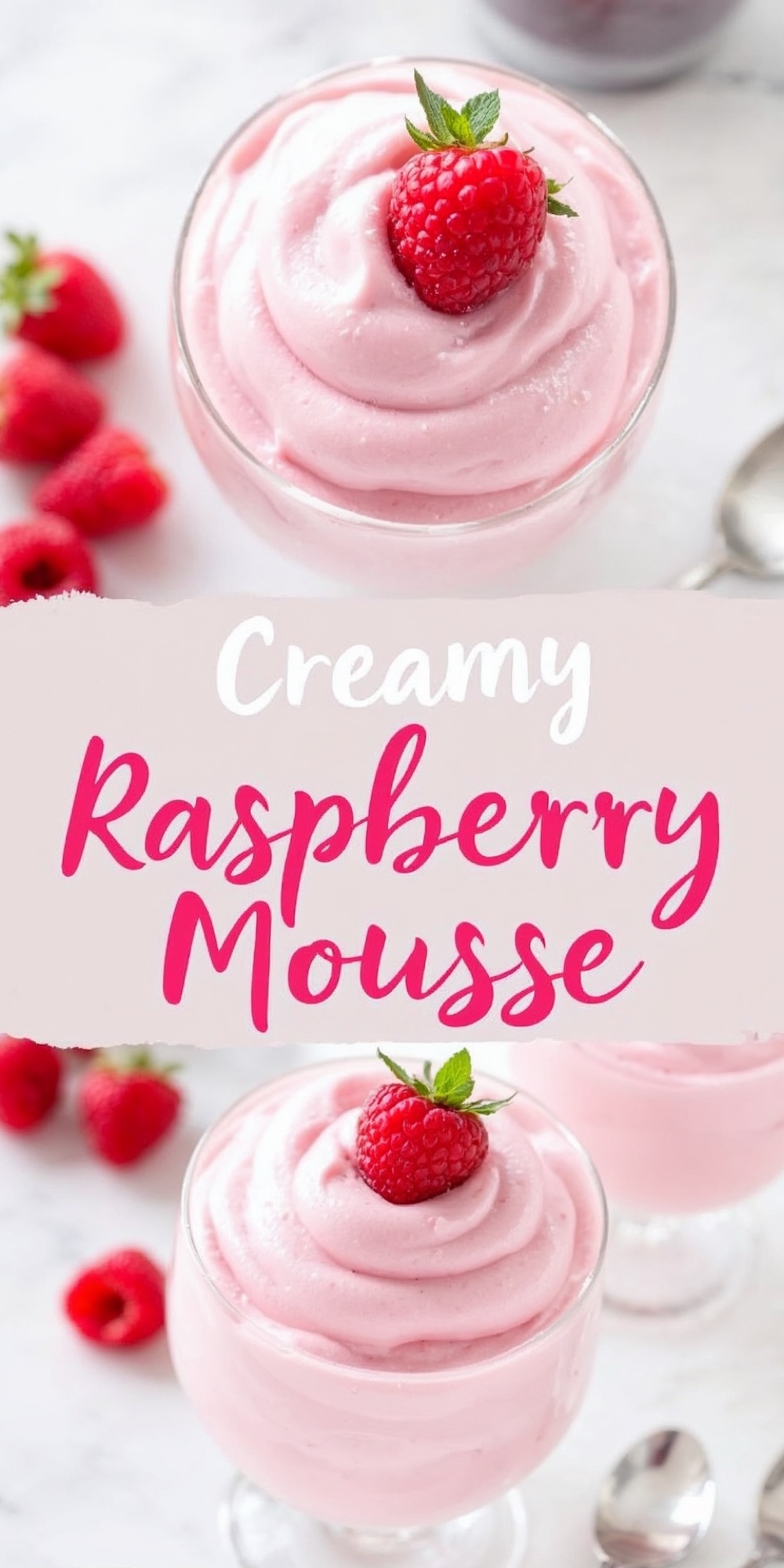 A glass of creamy raspberry mousse topped with a fresh raspberry and mint leaf, surrounded by vibrant red raspberries on a marble background. A light and airy Valentine’s Day dessert idea with a delicate pink hue.