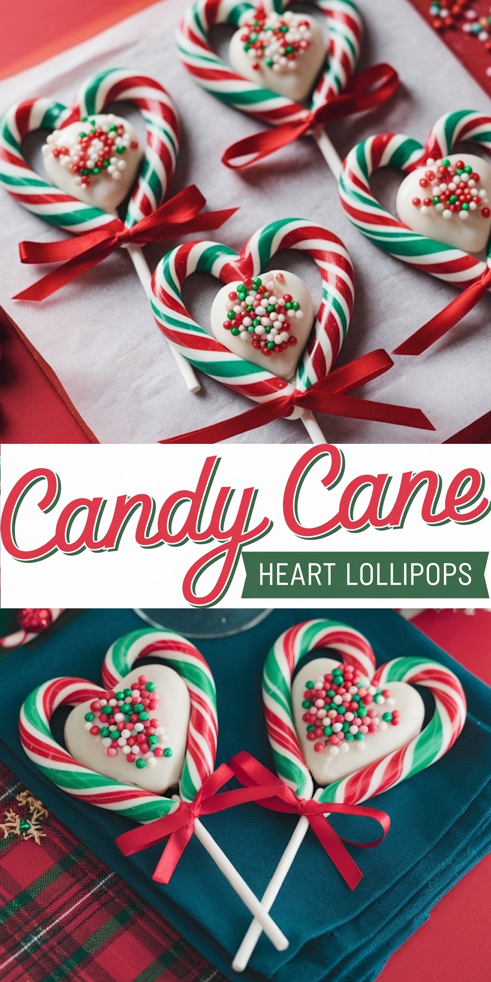 Heart-shaped lollipops made from red and green candy canes, tied with red ribbons and decorated with colorful sprinkles. A playful Valentine’s Day treat ideal for gifting or sharing.