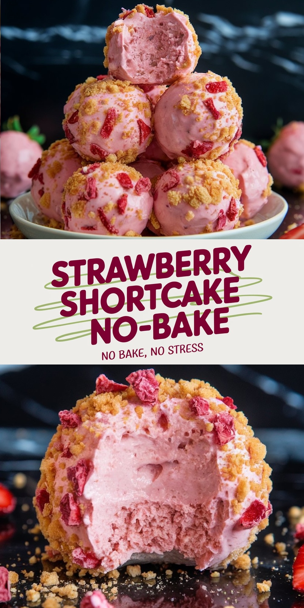 Pink strawberry shortcake truffles coated in crushed cookies and freeze-dried strawberries, stacked into a pyramid. A no-bake Valentine’s dessert that’s easy to make and visually stunning.