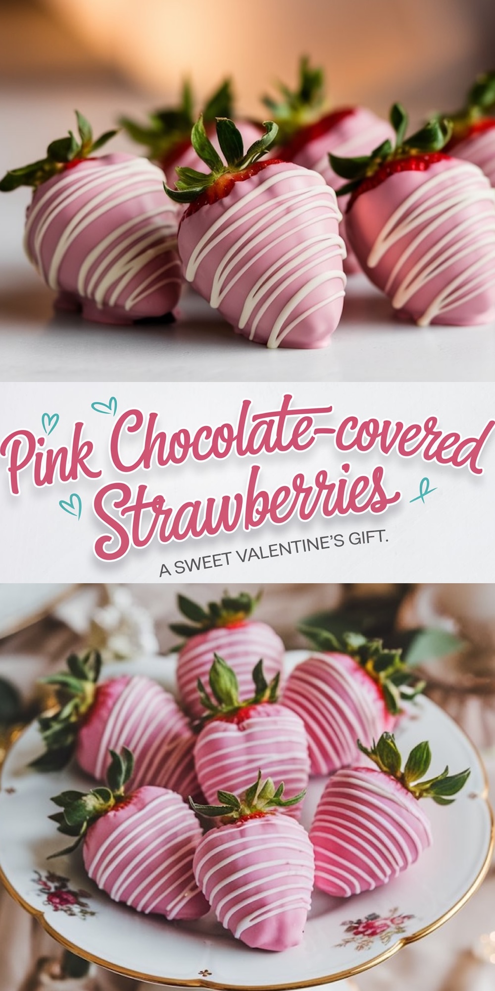 Fresh strawberries dipped in pink chocolate and drizzled with white chocolate, arranged on a vintage plate. A sweet Valentine’s Day treat that’s elegant and easy to share.