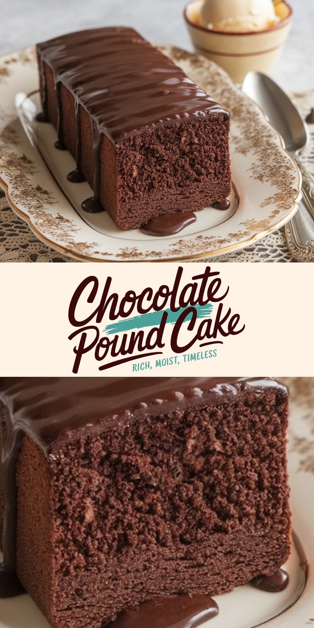 Rich and moist chocolate pound cake covered in glossy chocolate ganache, displayed on a decorative plate with a vintage lace detail. A timeless Valentine cake for chocolate lovers.