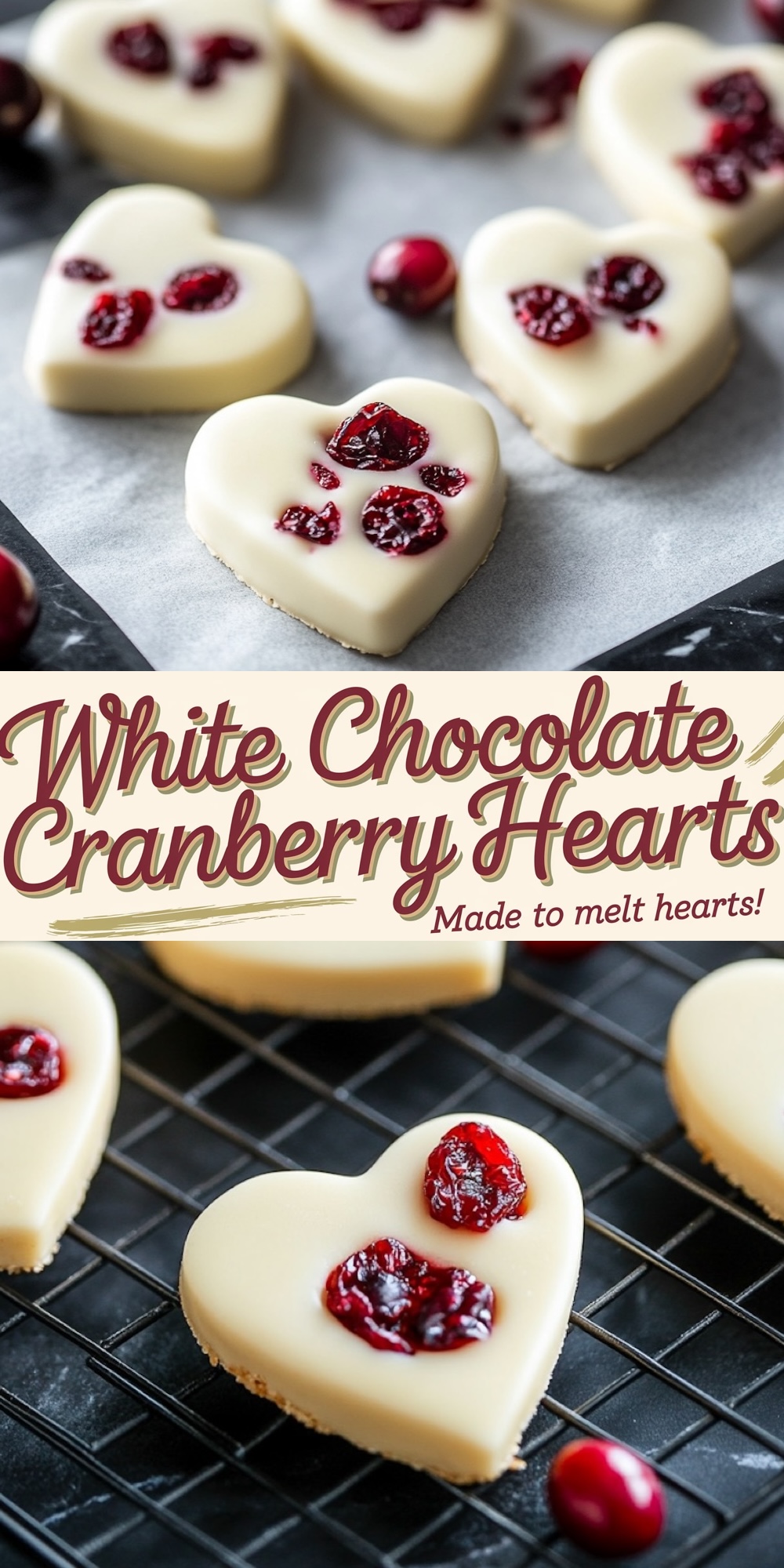 Heart-shaped white chocolate treats infused with dried cranberries, set on a wire rack for cooling. A simple yet elegant Valentine’s Day dessert idea for gifting.