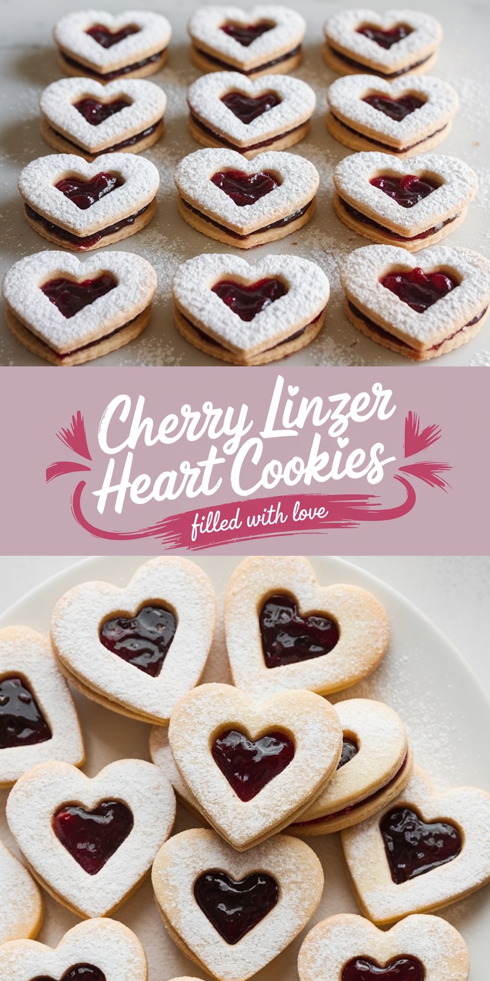 Heart-shaped Linzer cookies with a dusting of powdered sugar and cherry jam filling, arranged in a neat pattern. A classic and sweet Valentine’s cookie idea for gifting or sharing.