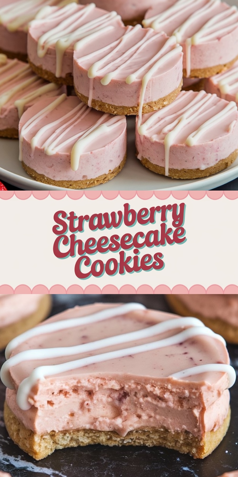 Mini strawberry cheesecake cookies with a buttery graham cracker base, topped with white chocolate drizzle. A creative and indulgent Valentine’s dessert idea for cookie lovers.