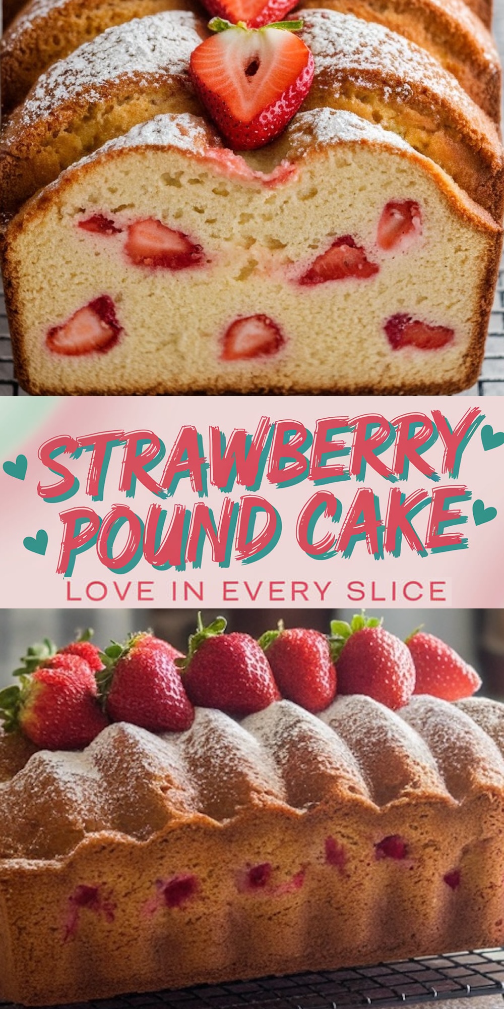 Golden strawberry pound cake with fresh strawberry pieces baked inside, topped with powdered sugar and whole strawberries. A delicious Valentine’s Day dessert bursting with fruity flavor.