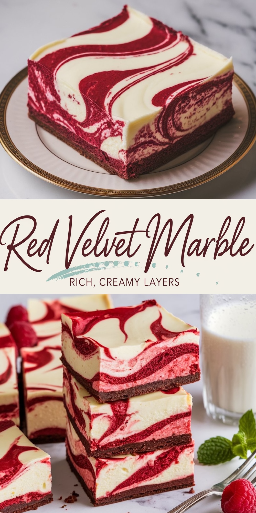 Rich red velvet cheesecake bars with a striking marble pattern, layered with creamy cheesecake filling and vibrant red velvet cake. A show-stopping Valentine’s dessert idea.