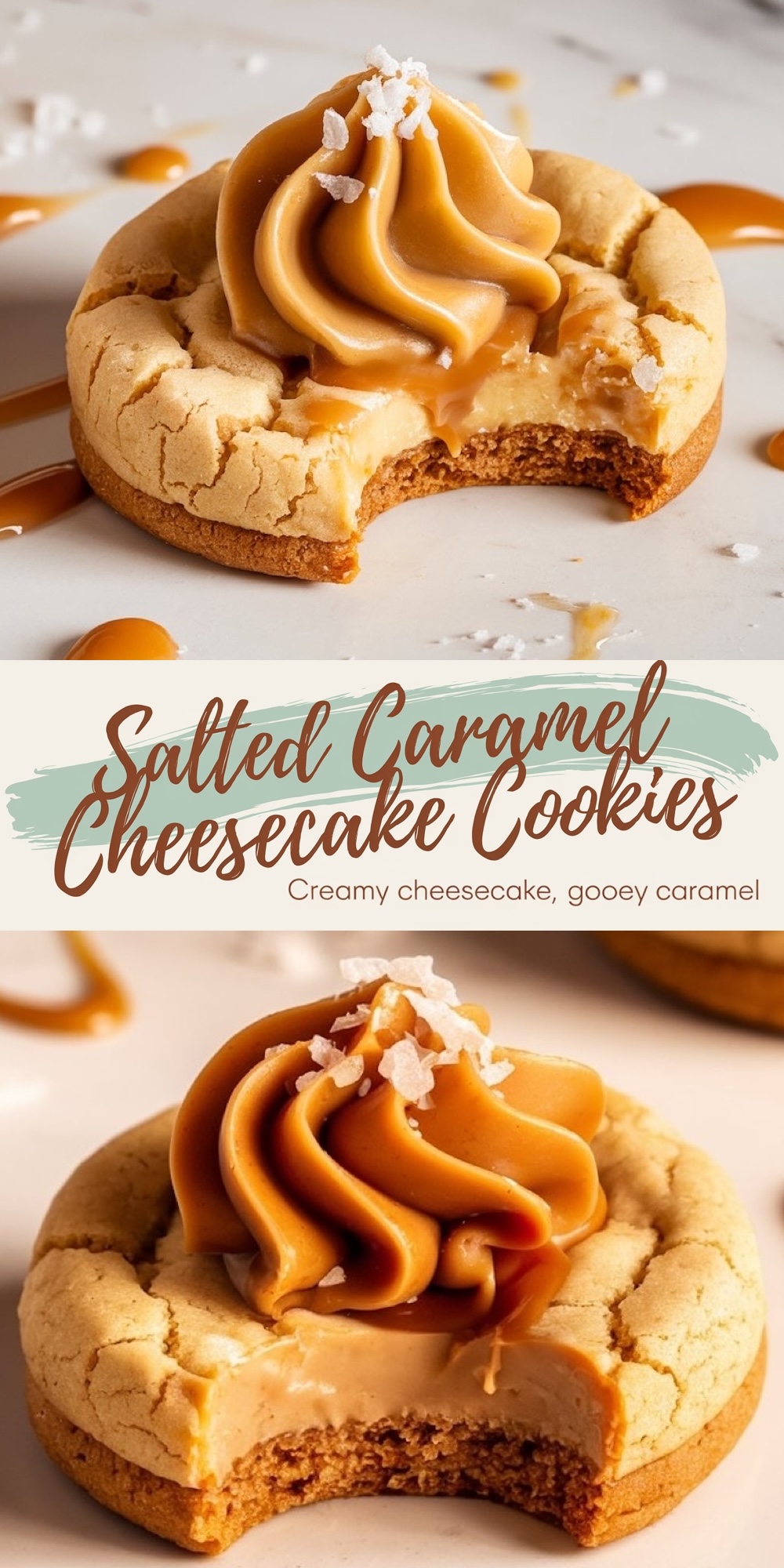 Cheesecake cookies with a gooey caramel center, topped with caramel frosting and sprinkled with flaky sea salt. A decadent Valentine’s treat blending sweet and salty flavors.