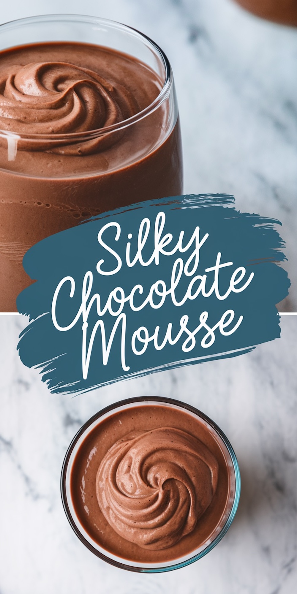 A glass of rich, silky chocolate mousse with swirled peaks, served on a marble background. A classic Valentine’s dessert for chocolate enthusiasts.
