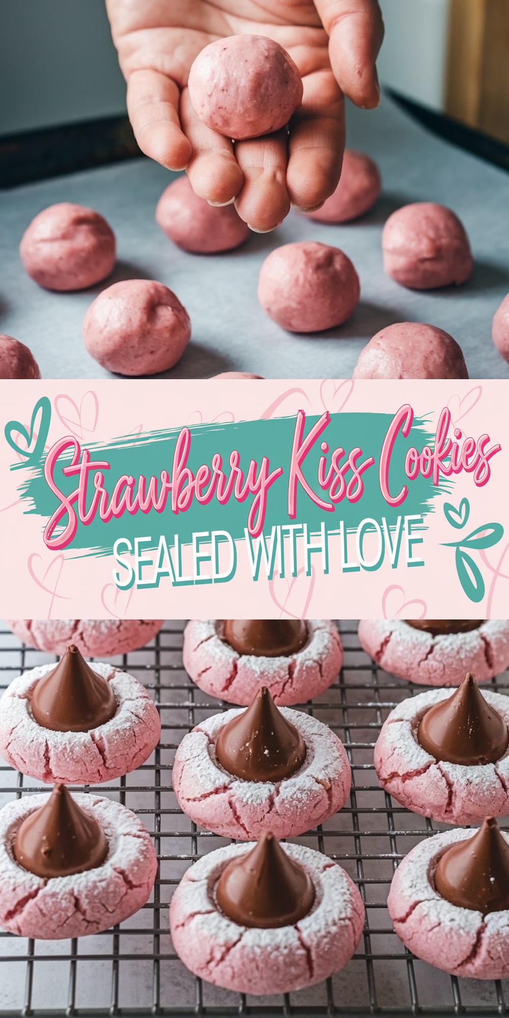 Soft pink strawberry cookies topped with chocolate kisses and a dusting of powdered sugar, arranged on a cooling rack. A playful Valentine’s cookie idea perfect for gifting.