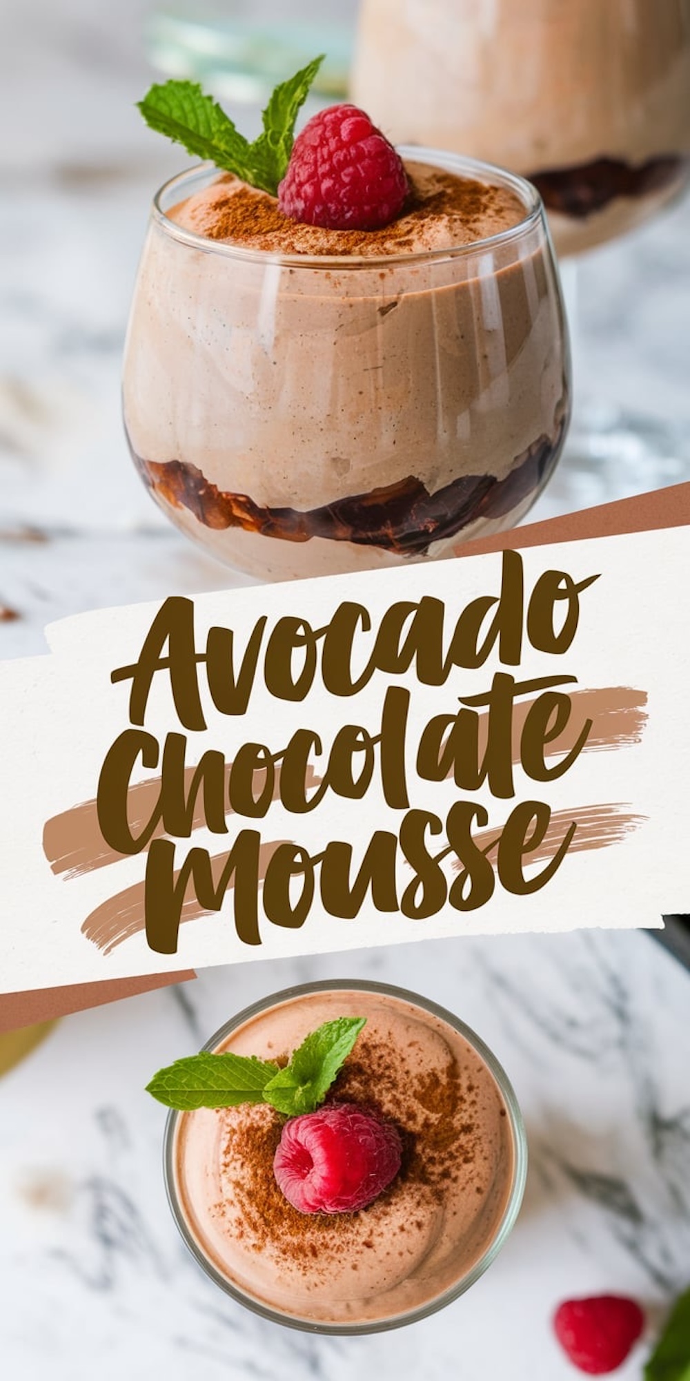 A collage featuring avocado chocolate mousse served in glass cups. The mousse is dusted with cocoa powder and garnished with fresh raspberries and mint leaves. The side view reveals a layer of chocolate chunks at the bottom, adding richness and texture. A creamy and healthy option for chocolate mousse recipes.