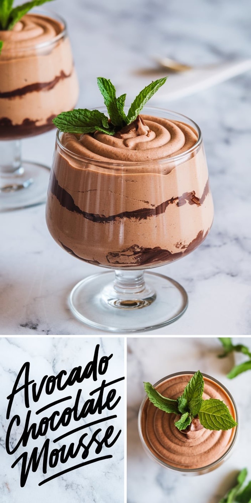 A collage showcasing avocado chocolate mousse in glasses. The top image highlights mousse swirls layered with chocolate and topped with fresh mint, while the bottom left displays the text “Avocado Chocolate Mousse.” The bottom right offers a top-down view of the mousse with a fresh mint garnish.